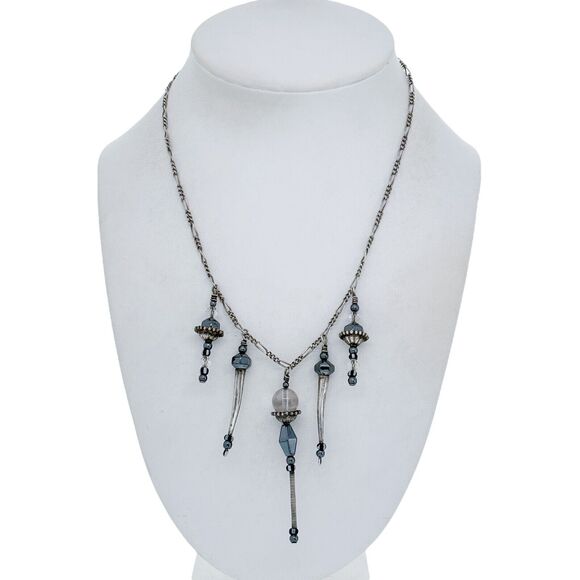Vintage Sterling Silver 925 Quartz Hematite Crystal Dangle Bib Necklace 16" - Picture 1 of 4